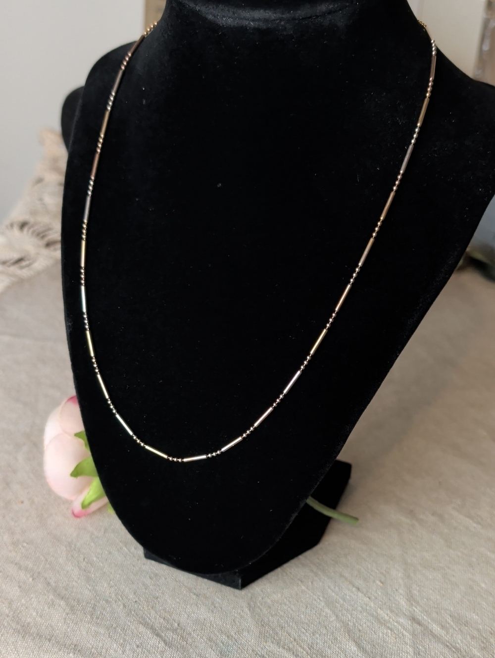 Vintage 925 Sterling Silver Two Tone Station Necklace Beaded Bar Link Chain